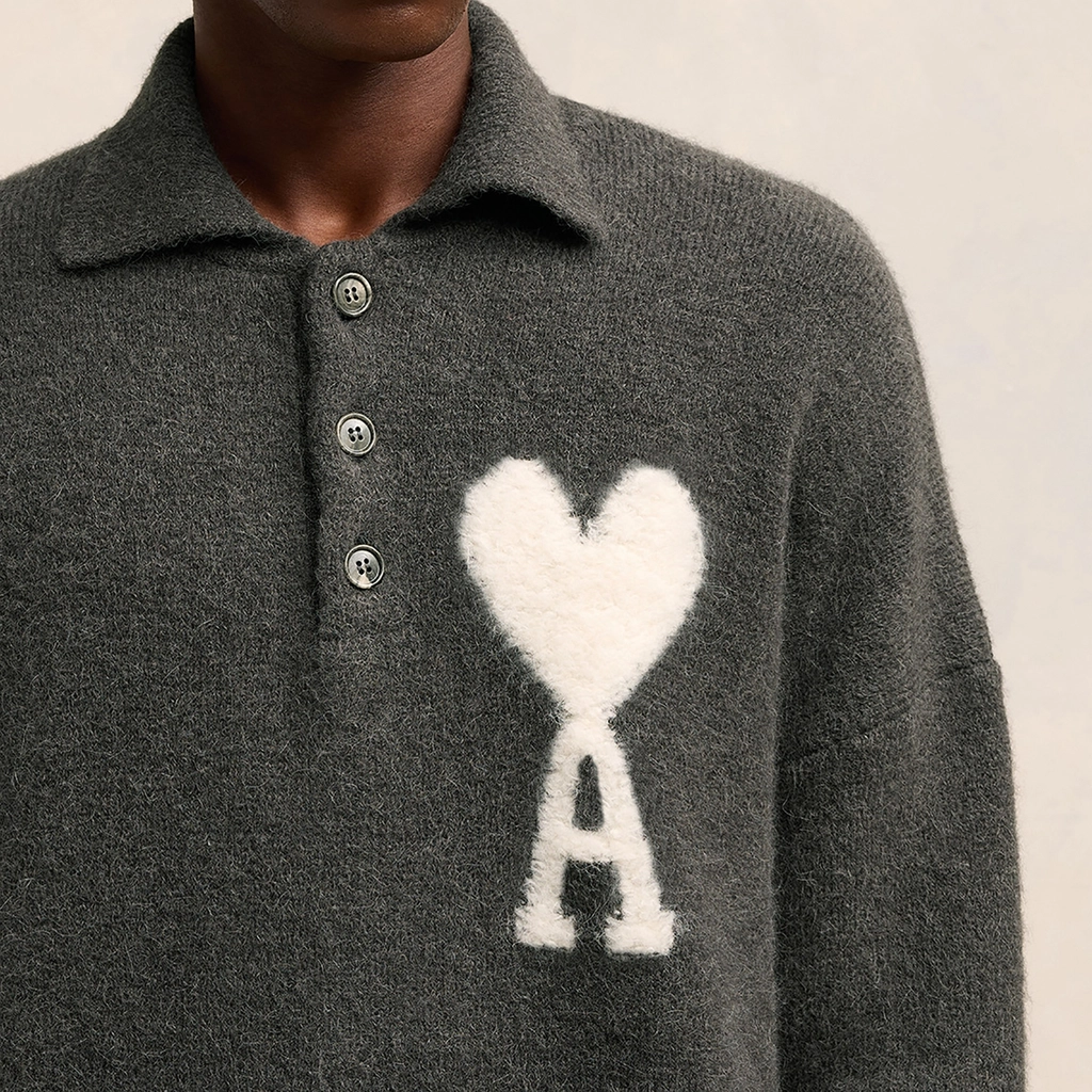 AMI Paris Off White De Coeur Alpaca-Blend Polo Shirt - XXL